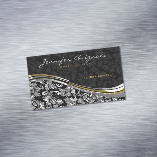 Elegant Black & Silver Damascus Gold-accessoires Magnetisch Visitekaartje (Voorbeeld)