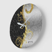 Elegant Black Silver Damascus Gold Swirls Grote Klok (Hoek)