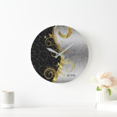 Elegant Black Silver Damascus Gold Swirls Grote Klok (Huis)