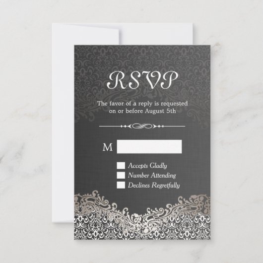 Elegant Black Silver Damask RSVP-kaart RSVP Kaartje (Voorkant)