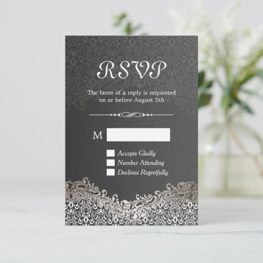 Elegant Black Silver Damask RSVP-kaart RSVP Kaartje (Staand voorkant)