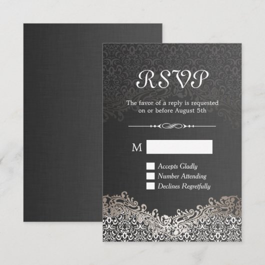 Elegant Black Silver Damask RSVP-kaart RSVP Kaartje (Voorkant / Achterkant)