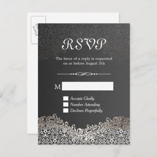 Elegant Black Silver Damask RSVP Reply Kaart (Voorkant / Achterkant)