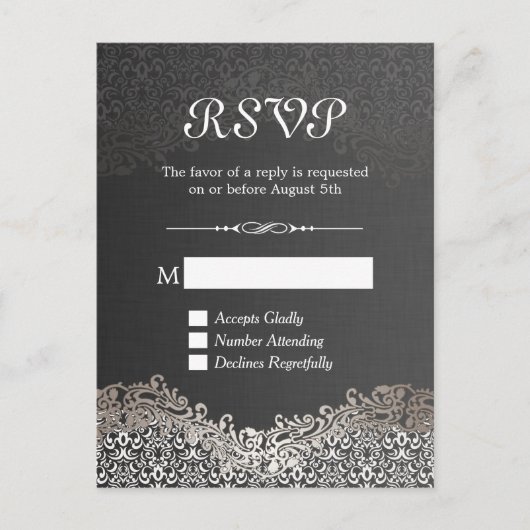 Elegant Black Silver Damask RSVP Reply Kaart (Voorkant)
