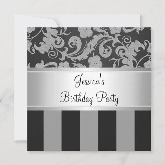 Elegant Black Silver Damask Stripe All Events Kaart (Voorkant)