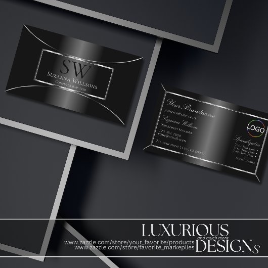 Elegant Black Silver Decor met monogram en Logo Visitekaartje