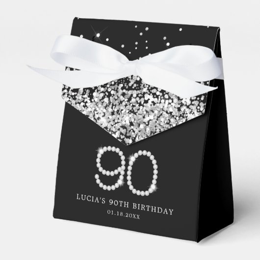 Elegant Black Silver Diamonds 90th Birthday Bedankdoosjes (Voorkant Zijde)