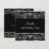 Elegant Black & Silver Floral 50th Birthday Party Kaart (Voorkant / Achterkant)