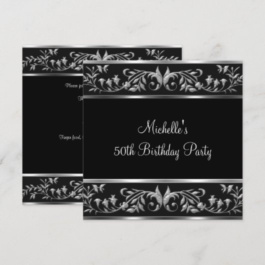 Elegant Black & Silver Floral 50th Birthday Party Kaart (Voorkant / Achterkant)