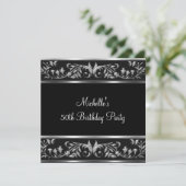 Elegant Black & Silver Floral 50th Birthday Party Kaart (Staand voorkant)