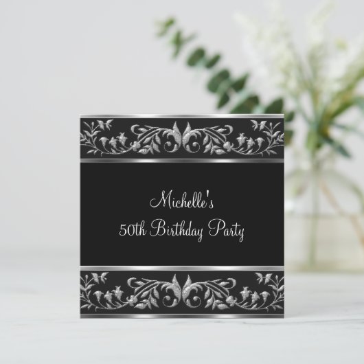 Elegant Black & Silver Floral 50th Birthday Party Kaart (Staand voorkant)