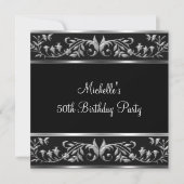 Elegant Black & Silver Floral 50th Birthday Party Kaart (Voorkant)