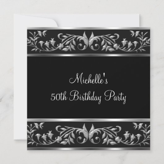 Elegant Black & Silver Floral 50th Birthday Party Kaart (Voorkant)