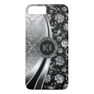 Elegant Black & Silver Floral Damask iPhone 8/7 Plus Hoesje