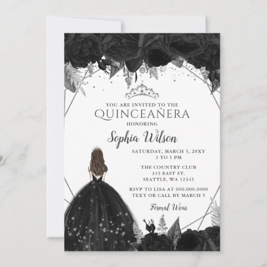 Elegant Black Silver Floral Princess Quinceañera Kaart (Voorkant)