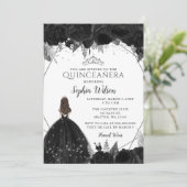 Elegant Black Silver Floral Princess Quinceañera Kaart (Staand voorkant)