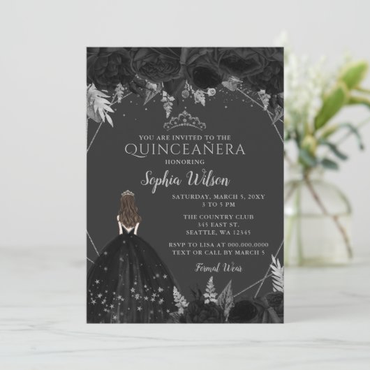 Elegant Black Silver Floral Princess Quinceañera Kaart (Staand voorkant)