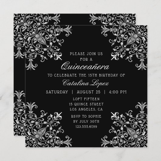 Elegant Black Silver Floral Quinceañera Kaart (Voorkant / Achterkant)