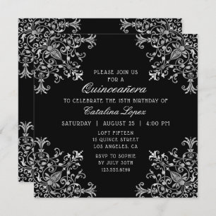 Elegant Black Silver  Floral Quinceañera Kaart