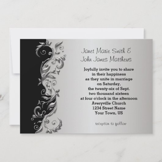 Elegant Black & Silver Floral Wedding Design Kaart (Voorkant)