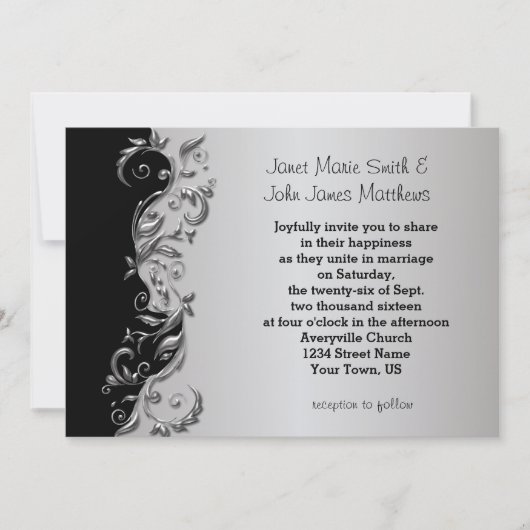 Elegant Black & Silver Floral Wedding Design Kaart (Voorkant)