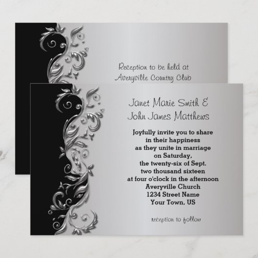 Elegant Black & Silver Floral Wedding Design Kaart (Voorkant / Achterkant)