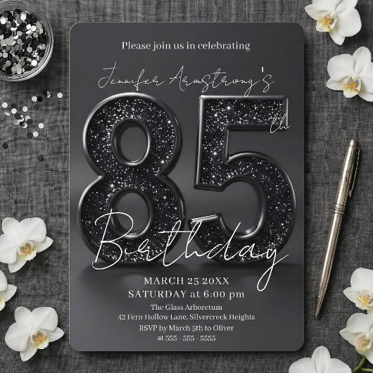 Elegant Black Silver Glitter 85th Birthday Party Kaart