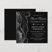 Elegant Black & Silver Glitter Agate Sweet Sixteen Kaart (Voorkant / Achterkant)