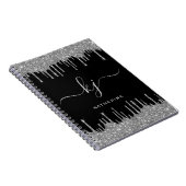 Elegant Black Silver Glitter Drift Monogram Script Notitieboek (Rechterzijde)
