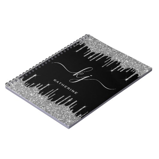Elegant Black Silver Glitter Drift Monogram Script Notitieboek (Linkerzijde)