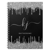 Elegant Black Silver Glitter Drift Monogram Script Notitieboek (Voorkant)