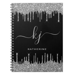 Elegant Black Silver Glitter Drift Monogram Script Notitieboek