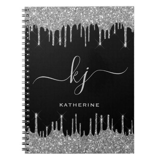 Elegant Black Silver Glitter Drift Monogram Script Notitieboek (Voorkant)