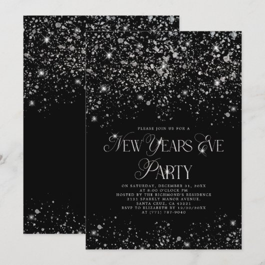 Elegant Black Silver Glitter New Years Eve Party Kaart (Voorkant / Achterkant)