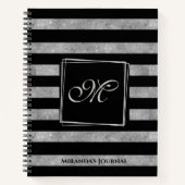 Elegant Black Silver Glitter Striped Monogram Notitieboek (Voorkant)