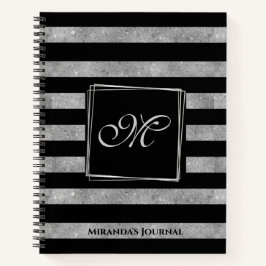 Elegant Black Silver Glitter Striped Monogram Notitieboek