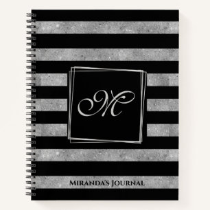 Elegant Black Silver Glitter Striped Monogram Notitieboek