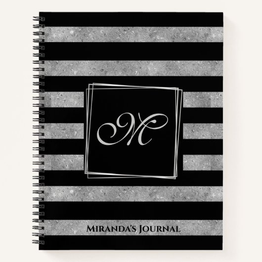 Elegant Black Silver Glitter Striped Monogram Notitieboek (Voorkant)