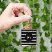 Elegant Black Silver Glitter Striped Monogram Sleutelhanger (Hand)