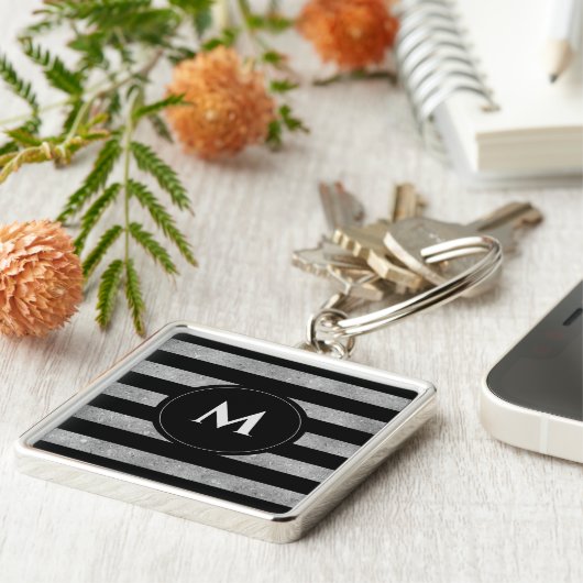 Elegant Black Silver Glitter Striped Monogram Sleutelhanger (Zijkant)