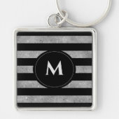 Elegant Black Silver Glitter Striped Monogram Sleutelhanger (Voorkant)