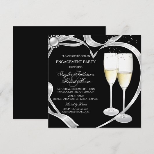 Elegant Black Silver & Gold Engagement Party Kaart (Voorkant / Achterkant)
