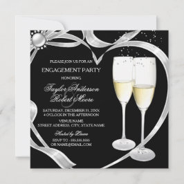 Elegant Black Silver & Gold Engagement Party Kaart