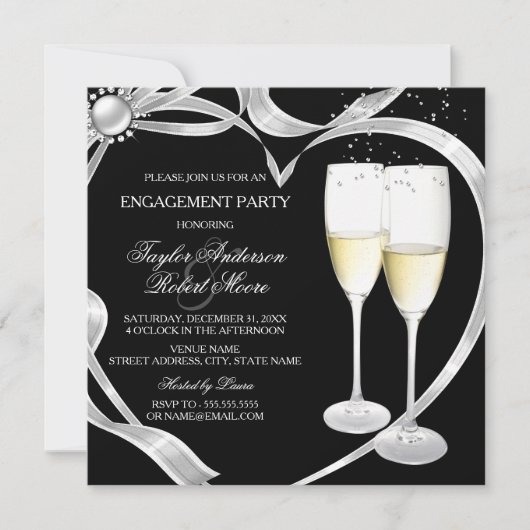 Elegant Black Silver & Gold Engagement Party Kaart (Voorkant)