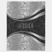 Elegant Black & Silver Grey Floral Damaskers Fleece Deken (Voorkant)