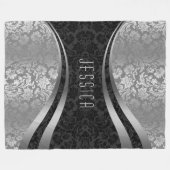 Elegant Black & Silver Grey Floral Damaskers Fleece Deken (Voorkant (Horizontaal))