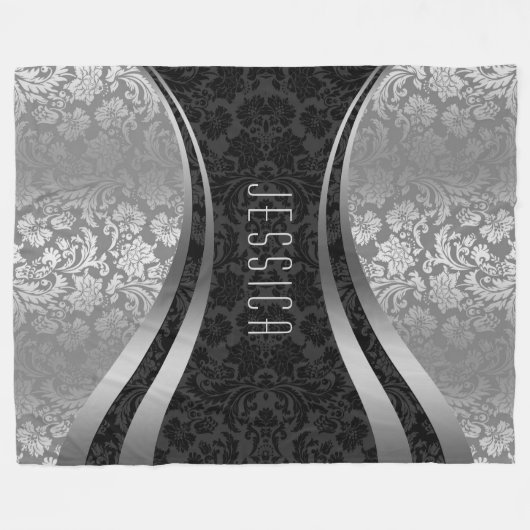 Elegant Black & Silver Grey Floral Damaskers Fleece Deken (Voorkant (Horizontaal))
