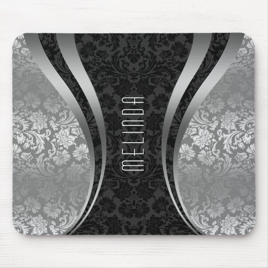 Elegant Black & Silver Grey Floral Damaskers Muismat (Voorkant)