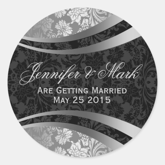 Elegant Black & Silver Grey  Floral Damaskers Ronde Sticker (Voorkant)