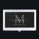 Elegant Black Silver Grey Monogram Script Name Visitekaarthouder<br><div class="desc">Elegant Zwart Zilver Slate Grijs Monogram Girly Script Naam Business Card Case</div>